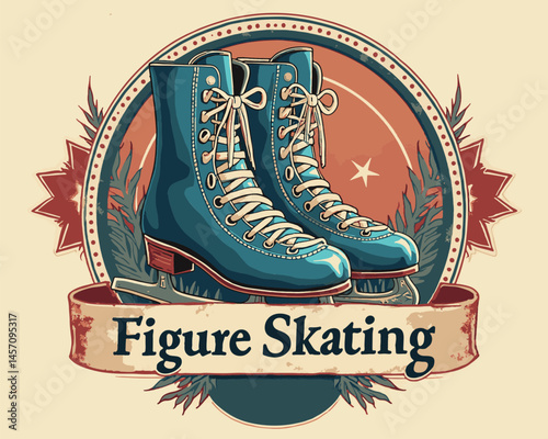 Retro figure skating boots are illustrated with laces and a wooden sole, surrounded by stars and foliage. This design captures the elegance of the sport with a nostalgic touch.