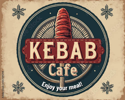 A sign at Kebab Cafe displays a delicious kebab illustration, inviting customers to enjoy a flavorful meal in a warm atmosphere filled with culinary charm.