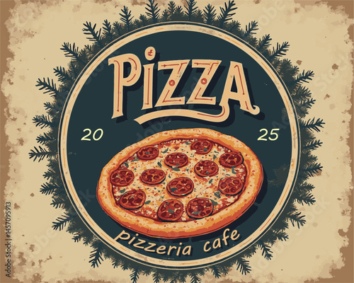 Brightly colored sign displays a pepperoni pizza at a pizzeria cafe, showcasing a retro style with inviting fonts and design elements. Set against a warm background.