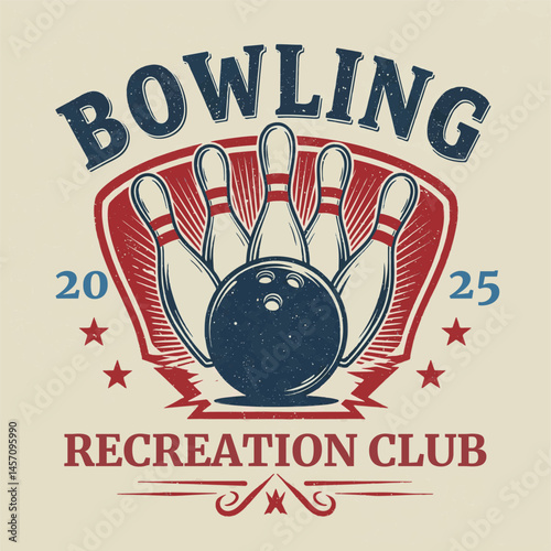 A vibrant logo highlights a bowling recreation club with five red-striped pins and a black ball, showcasing a retro style for the year 2025.
