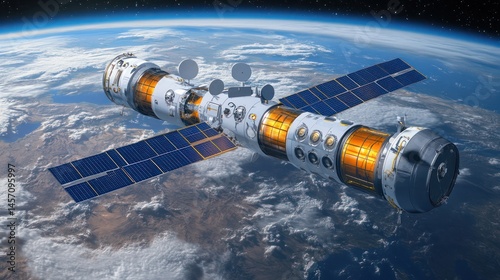 Fototapeta Naklejka Na Ścianę i Meble -  Orbital space station design over earth's surface.