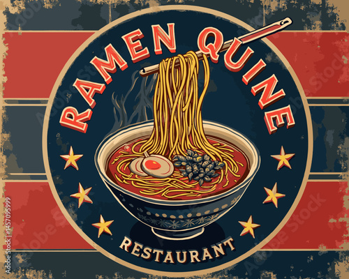 A bowl of steaming ramen featuring noodles, an egg, and greens sits on a table in a bustling restaurant filled with warm colors and lively decor.