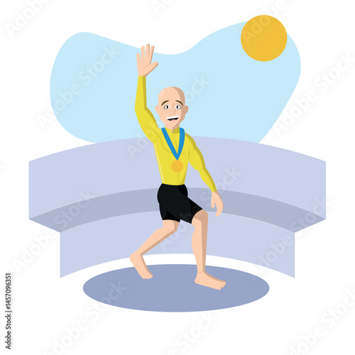 Barefoot athlete waves medal. Vector