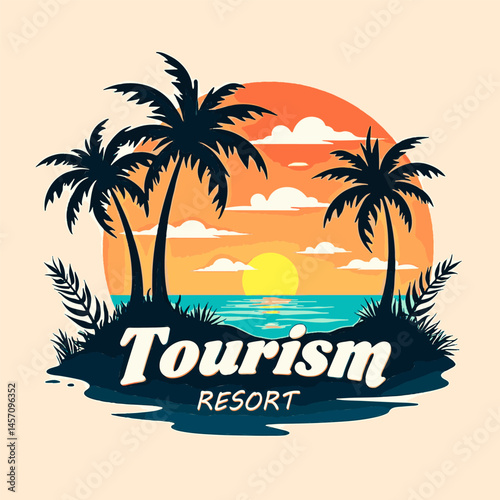 Tourists enjoy leisure time at a resort surrounded by palm trees, with a stunning sunset illuminating the ocean. This picturesque scene captures relaxation and tropical beauty.
