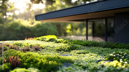Modern architectural structure green living roof thriving garden vibrant natural light clean sustainable design focus.  