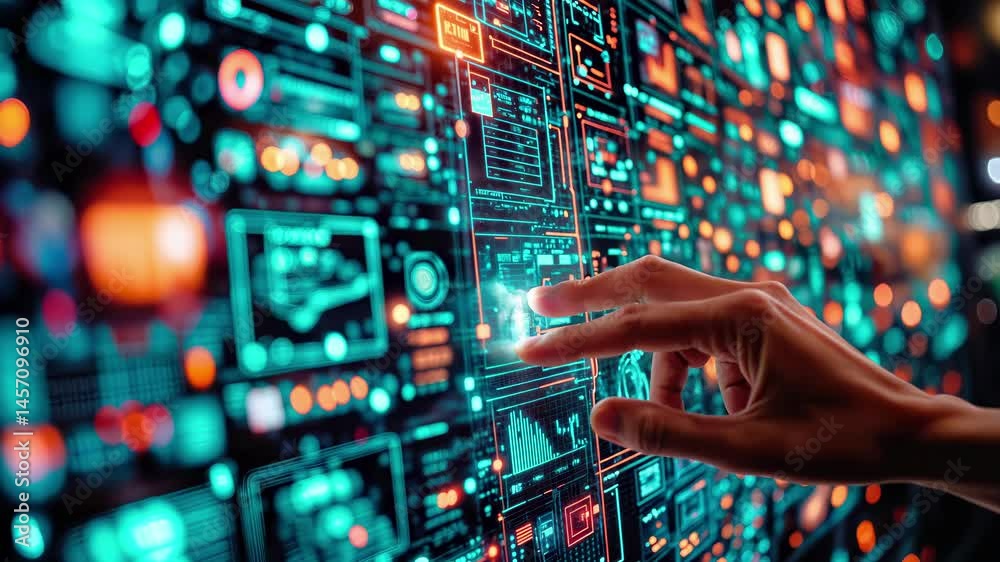 Hand interacting with futuristic data analytics dashboard displaying digital metrics, visualization panels, charts and graphs on interactive touchscreen interface with glowing turquoise and orange
