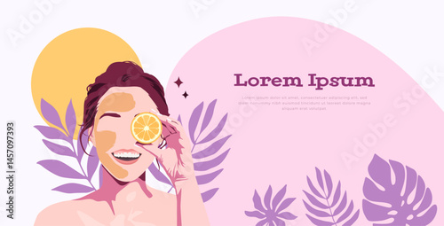 Vector illustration of a woman relaxing with a face sheet mask and skincare sachets on the side. Ideal for beauty, facial treatment, wellness spa, self-care, and natural skincare product promotions