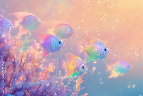 Pastel-colored fish swim gracefully amidst vibrant coral, creating a dreamy underwater scene.