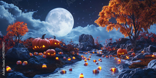 Enchanted Halloween Night A Digital Painting of a Festive Village