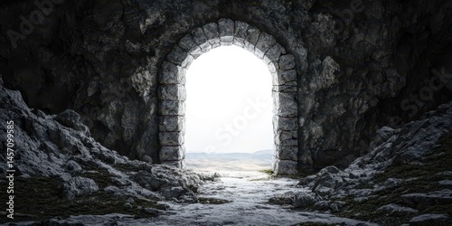 A stone archway in a rocky cave opens to bright daylight and a distant landscape.