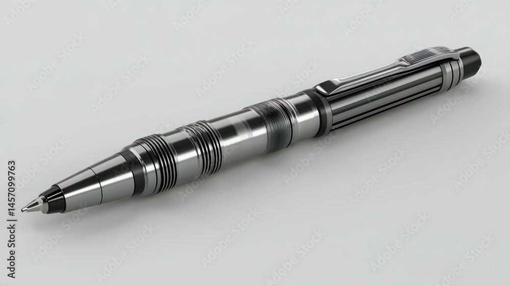 A detailed studio photograph of a sleek metallic writing instrument A detailed studio photograph of a sleek metallic writing instrument
