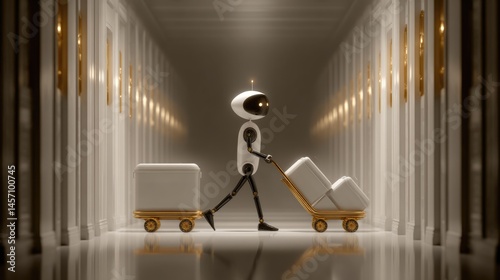 Luxury Hotel Robot: AI Concierge Carries Luggage Down Long White Hallway