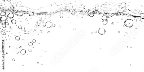 Bubbles rising in transparent water with splash and air bubbles on a white and transparent background png.