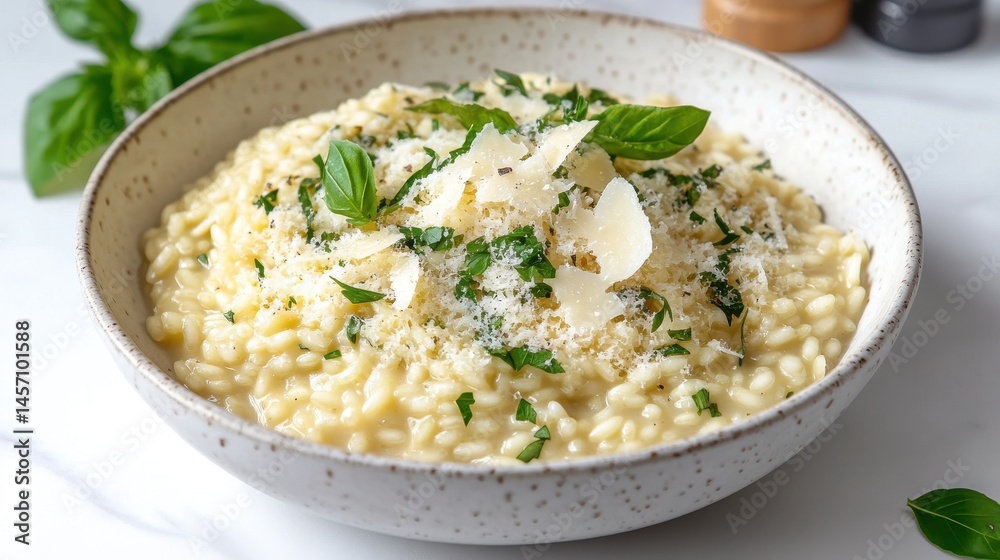 Creamy risotto topped with fresh basil and parmesan cheese in bowl