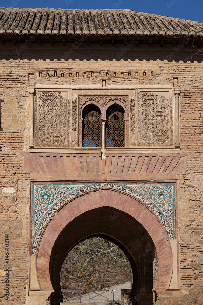 Wine Gate, located in Alhambra fortress near defensive towers of Alcazaba, Granada, Spain, Andalusia