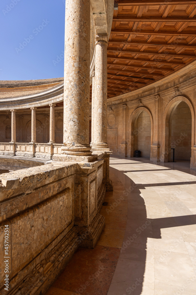 Circular patio of Palace of Charles V, renaissance building inside fortress Alhambra, Granada, Spain, Andalusia