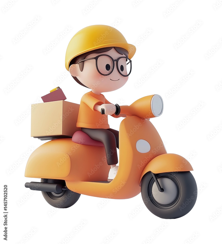 Cartoon character riding a scooter with delivery box and helmet, cut out - stock png.