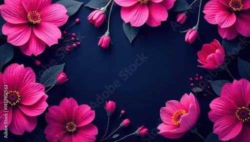 Bold fuchsia floral pattern, large blooms on dark background , dramatic, wallpaper