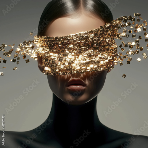 Edgy imaginative Dynamic creative fashion design with explosive dynamited shiny metallic gold leaf face mask, textile integrated luxurious jewelry design on supermodel for runway fashion show