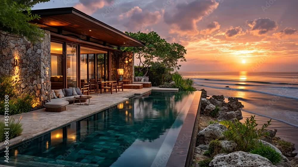 Stunning cliffside villa overlooking a breathtaking sunset over the ocean, with a large infinity pool reflecting the fiery sky.  Modern architecture blends seamlessly with the tropical landscape