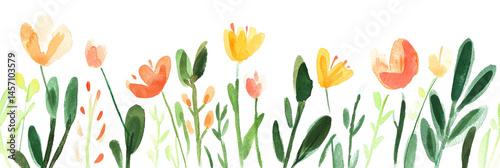 Hand-painted watercolor illustration of vibrant spring flowers and greenery on a white and transparent background, png.