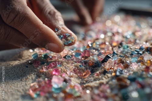 African Descent Hand Sorting Colorful Gemstones Mixed With Sand, Examining Small Crystals, Evaluating Minerals