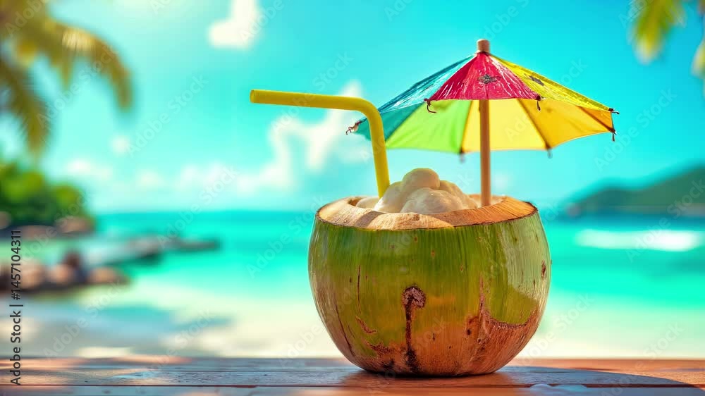 Fresh coconut drink with colorful umbrella and straw on tropical beach. Paradise vacation refreshment with turquoise ocean background. Exotic summer beverage by sunny seaside. Natural healthy island