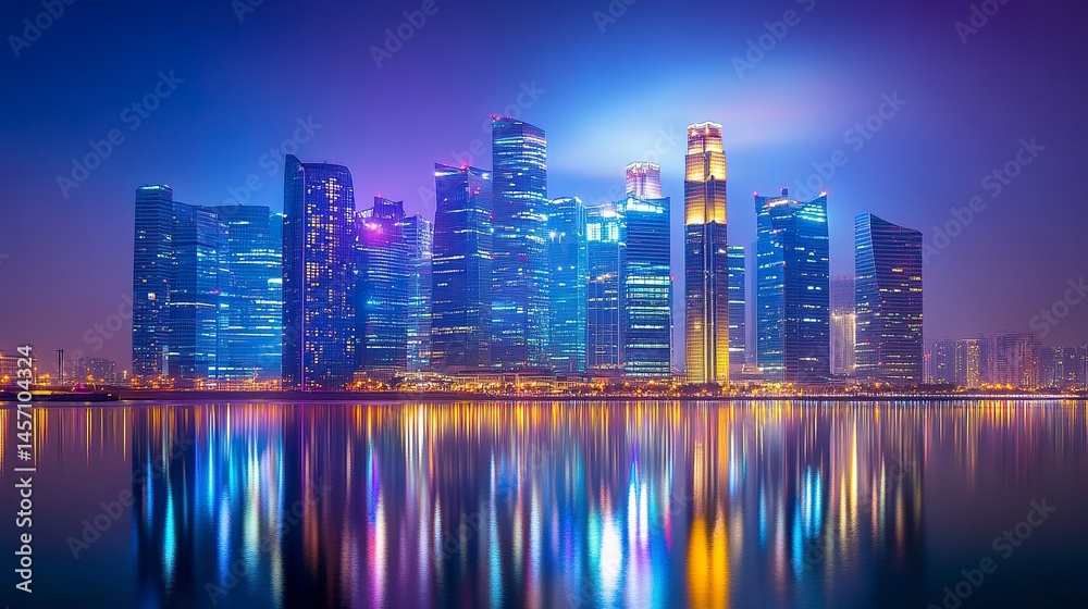 Obraz premium Modern office skyscrapers with glass facades reflecting sky sleek urban skyline vibrant lighting perfect city wallpaper background. 