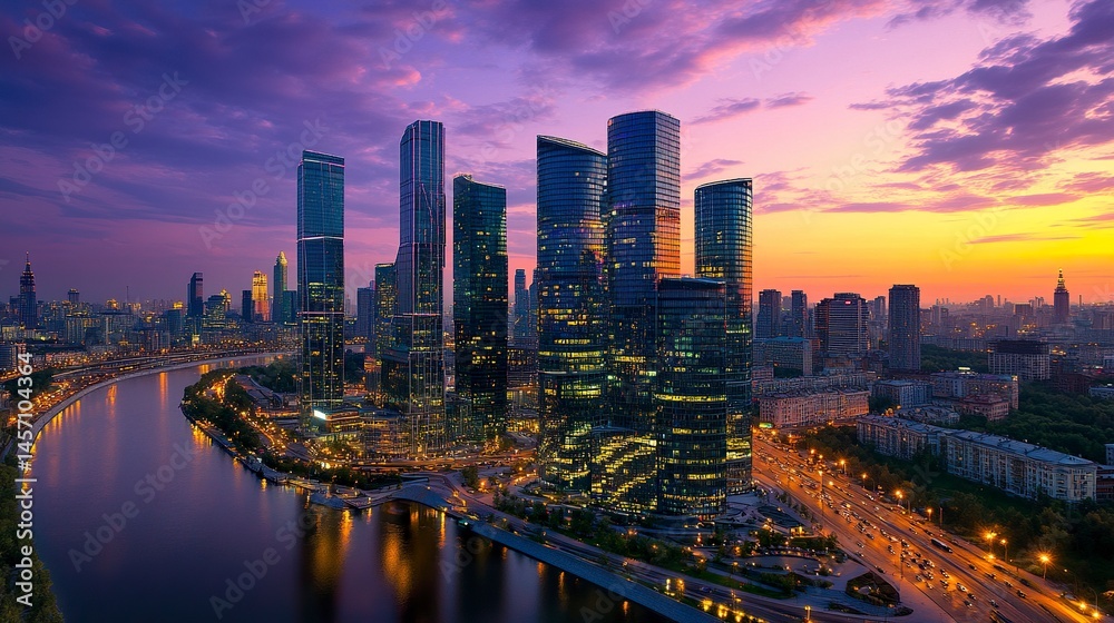 Obraz premium Modern office skyscrapers with glass facades reflecting sky sleek urban skyline vibrant lighting perfect city wallpaper background. 