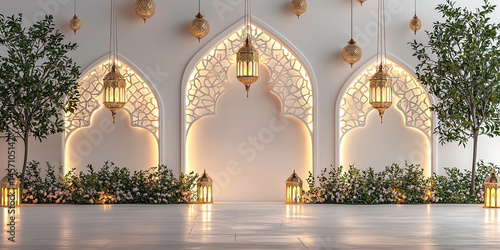 An elegant islamic interior, showcasing decorative lanterns, arches, and floral arrangements.