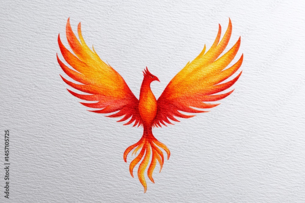 Fototapeta premium Watercolor Phoenix: Rebirth and Renewal - A vibrant watercolor painting of a mythical phoenix, symbolizing rebirth, hope, transformation, resilience, and immortality