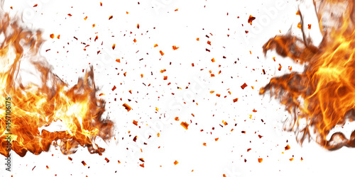 Burning flames with flying embers in orange and yellow hues on a white and transparent background png