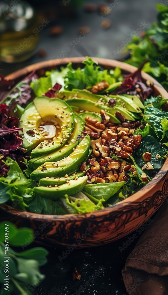 Fresh Garden Salad with Avocado and Nuts in a Wooden Bowl for Healthy Dining