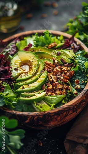 Obraz na płótnie Fresh Garden Salad with Avocado and Nuts in a Wooden Bowl for Healthy Dining w salonie
