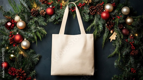Canvas tote bag showcased in front of a decorated Christmas wreath with colorful ornaments