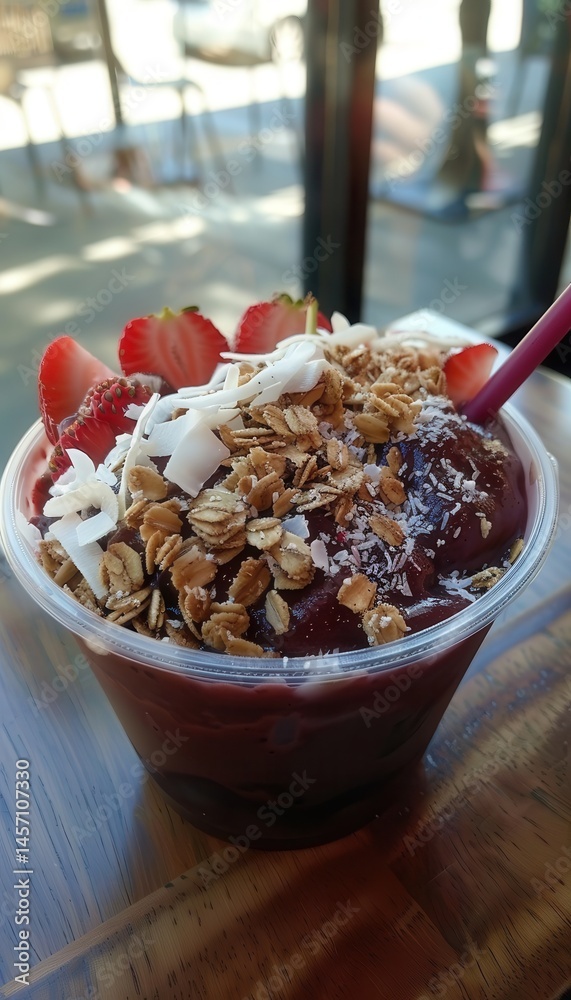 Vibrant Acai Bowl with Granola, Coconut, and Strawberries in Natural Light