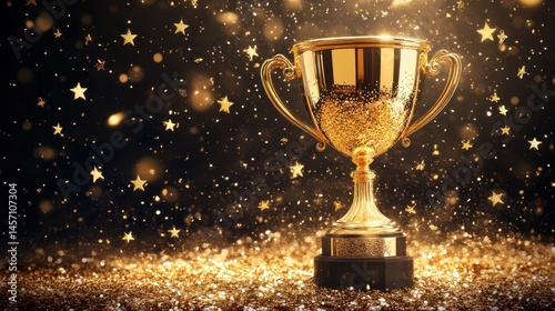 Golden trophy amidst sparkling stars and glitter in celebratory setting