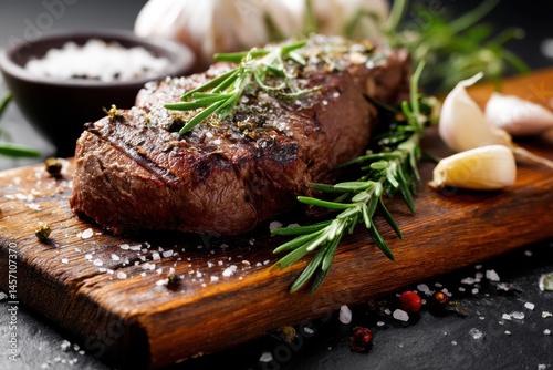 Obraz na płótnie Gourmet Grilled Steak with Rosemary and Garlic for Elegant Food Styling and Presentation w salonie