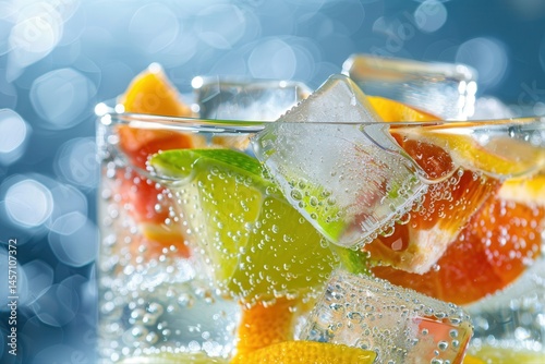 Refreshing Summer Beverage with Ice Cubes, Sliced Fruits, and Effervescent Bubbles for Commercial Use