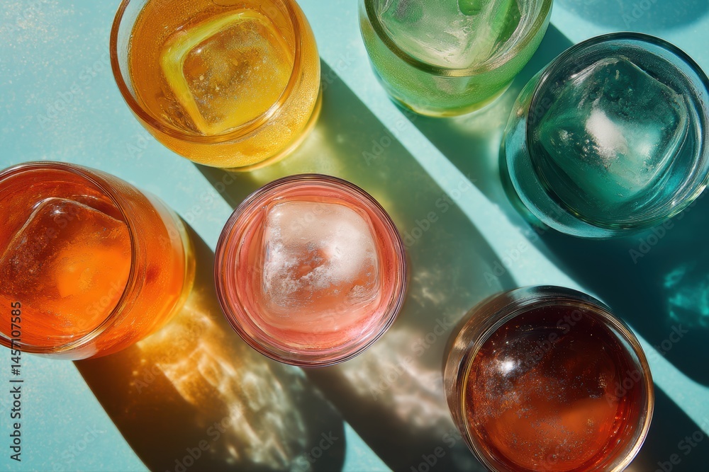 Refreshing Icy Summer Drinks in Gradient Colors with Glass Reflections for Modern Design