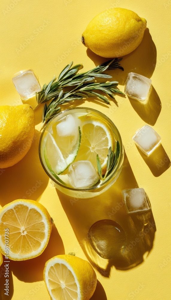 Refreshing Summer Lemonade with Herbs and Ice on Vibrant Yellow Background - Perfect for Creative Designs