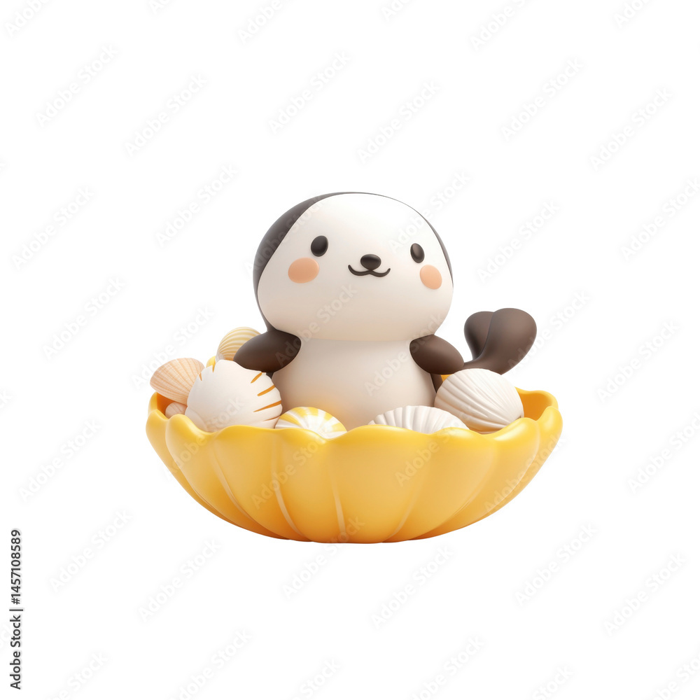 Fototapeta premium Adorable 3D Render of a Cute Cartoon Otter in a Seashell Bath