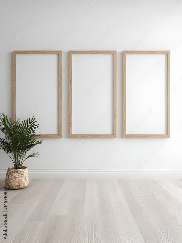 Fototapeta premium A white wall and three wooden frames on a wooden floor. Interior is empty. mockup of a vertical wooden frame. White parquet. Interior design. Triptych. Pass anywhere frame.