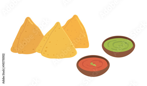 Crispy golden samosas with red and green chutney sauces isolated on white background. Tasty indian snack food vector illustration for menu or food packaging design.
