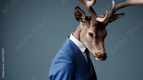 Elegant stag in business suit standing in profile with blue background