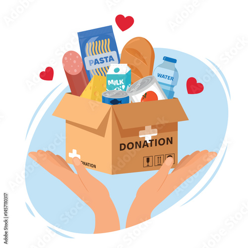 Cartoon human hands holding Donation box filled with food, bread, milk and cheese isolated on white background. Food donation concept. Vector Illustration of Cartoon cardboard donation box.