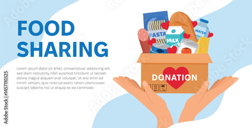 Cartoon human hands holding Donation box filled with food, bread, milk and cheese isolated on white background. Food donation concept. Vector Illustration of Cartoon cardboard donation box.
