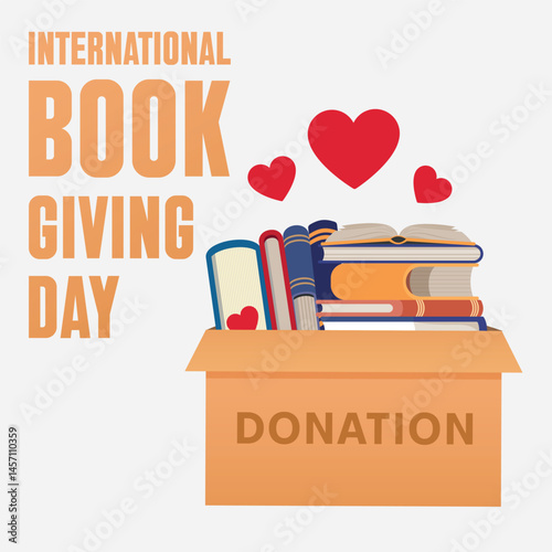 Cardboard box filled with donates of books. Educational knowledge donation concept. Vector Illustration of Cartoon cardboard donation box to International Book Giving Day. 