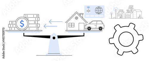 Scales weighing money against a house, car, and urban development. Energy, technology, and sustainability icons. Ideal for finance, investment, housing technology sustainability economy balance