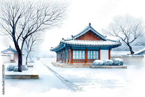Wallpaper Mural Winter Serenity at the Pavilion - A tranquil winter scene showcasing a traditional Asian pavilion covered in snow, surrounded by snow-dusted trees and a serene pathway Torontodigital.ca